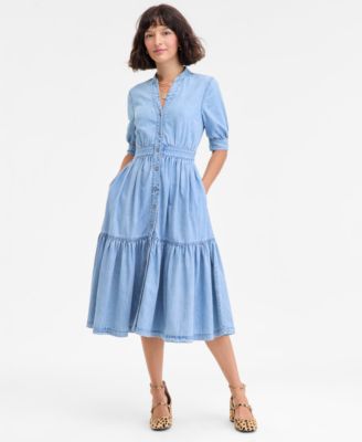 On 34th - Women's Denim Puff-Sleeve Midi Dress