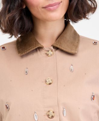 Women's Embellished Corduroy Collar Cropped Barn Jacket, Macy's Exclusive