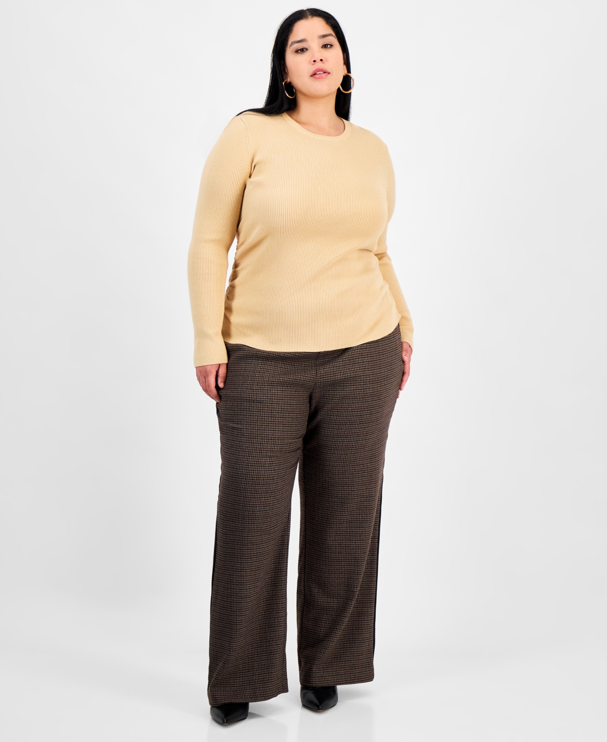 Bar Iii Trendy Plus Size Long Sleeve Ribbed Knit Top, Macy's Exclusive In Brown