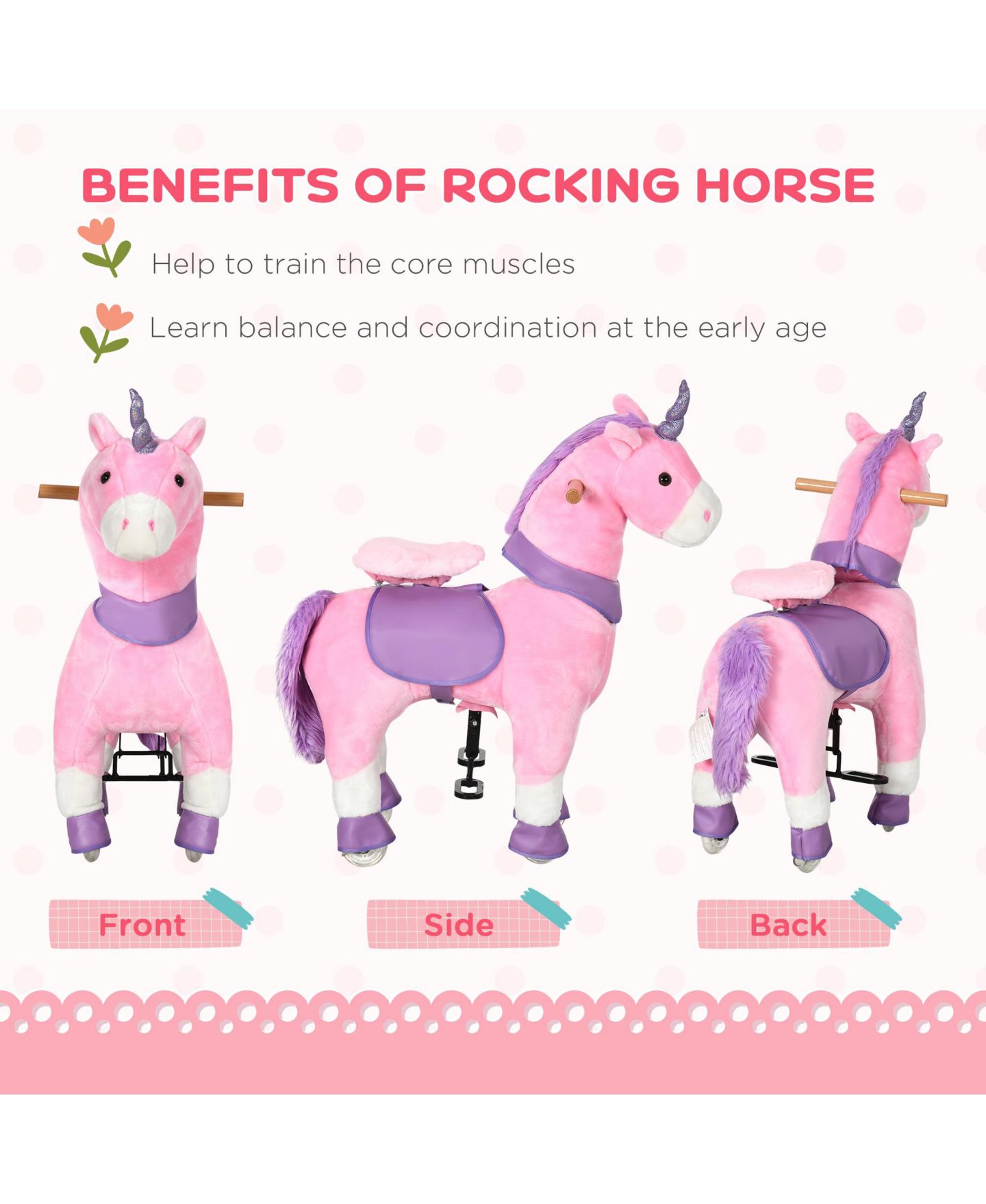 Детская игрушка Qaba Unicorn Walking Horse Ride-On with Rolling Wheels, 176 lbs. Capacity, Ages 3-6 — фото 5