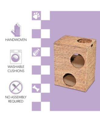 Jaxon 18" Modern Classic 2-Tier Handwoven Hyacinth Rectangular 5-Hole Pet Condo with 2 Machine-Washable Cushions
