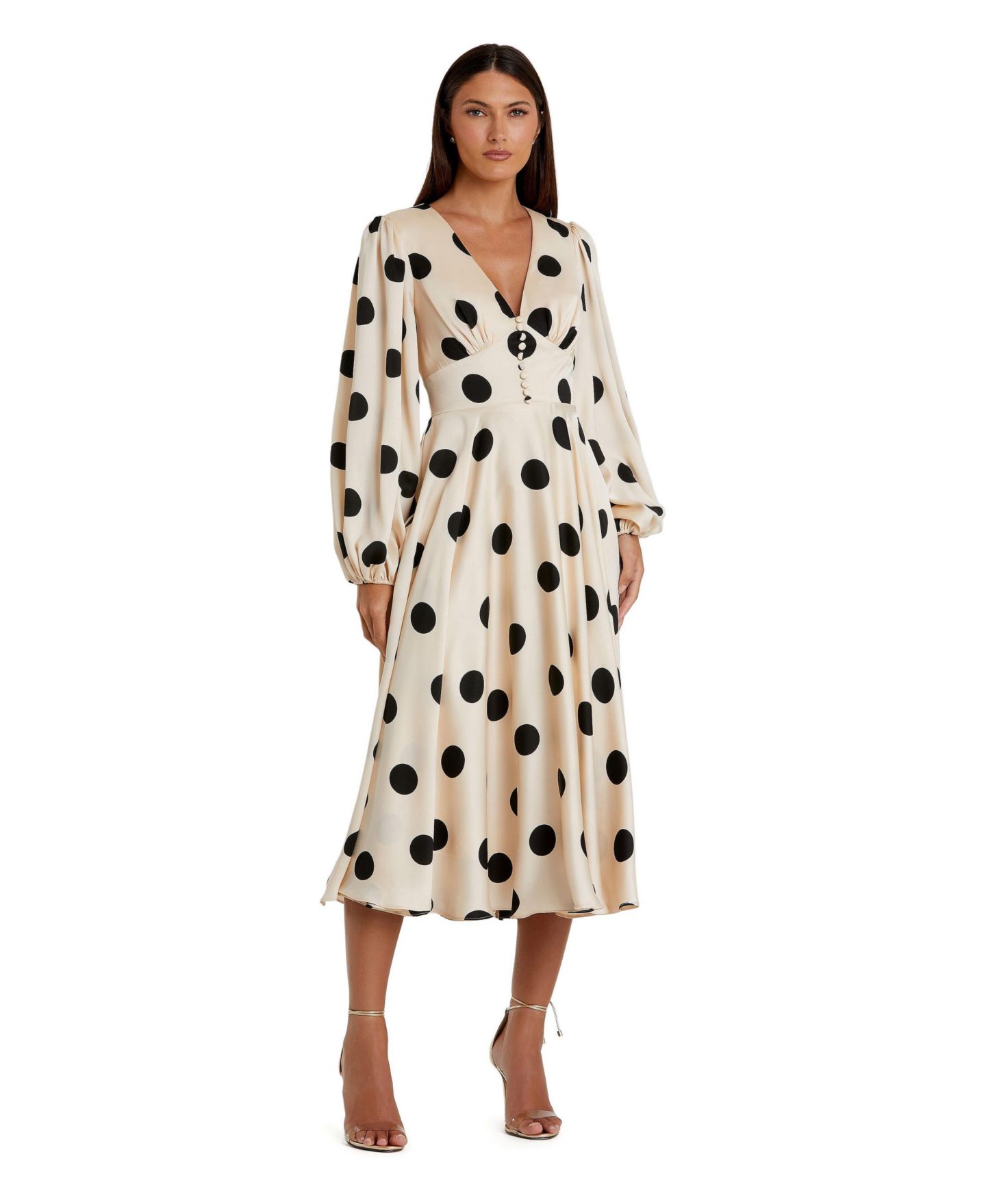 Женское платье Mac Duggal Polka Dot Charmeuse Long Sleeve V Neck Midi, цвет: Кремовый чёрный — фото 1