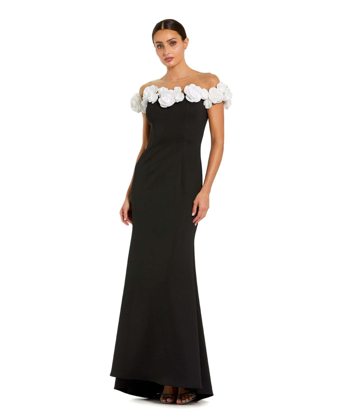 Женское платье Mac Duggal Crepe Mermaid Gown With 3D Flowers, цвет: Чёрный кремовый — фото 1