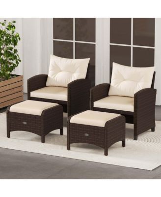 2 Pieces Outdoor Patio PE Wicker Ottomans with Removable Cushions Footstools