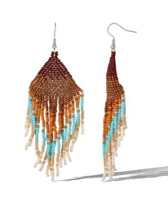 Beaded Fringe Earrings in Turquoise and Brown Ombre