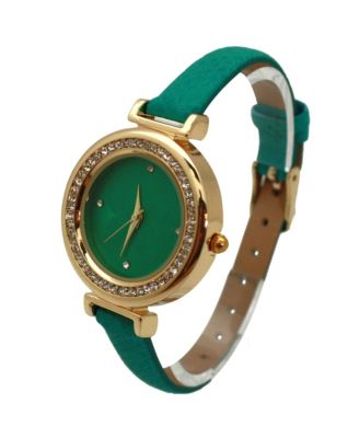 Green Thin Solid Color Strap and Rhinestones Women Watch
