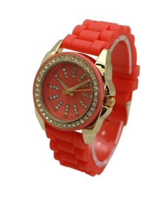 Orange Bright Silicone Band with Rhinestones Numeral Women Watch