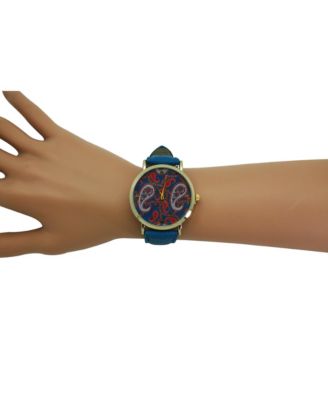 Blue Paisley Face Leather Strap Watch