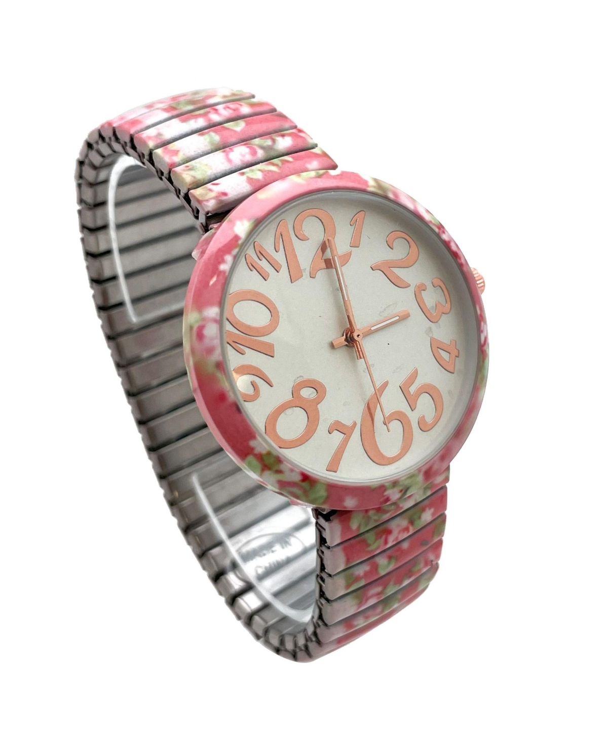 Olivia Pratt Light Pink Floral Big Dial Easy Reader Watch Floral Elastic Stretch Band Wristwatch Women Watch