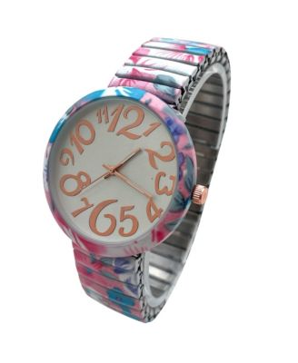 Turquoise Floral Big Dial Easy Reader Watch Floral Elastic Stretch Band Wristwatch Women Watch
