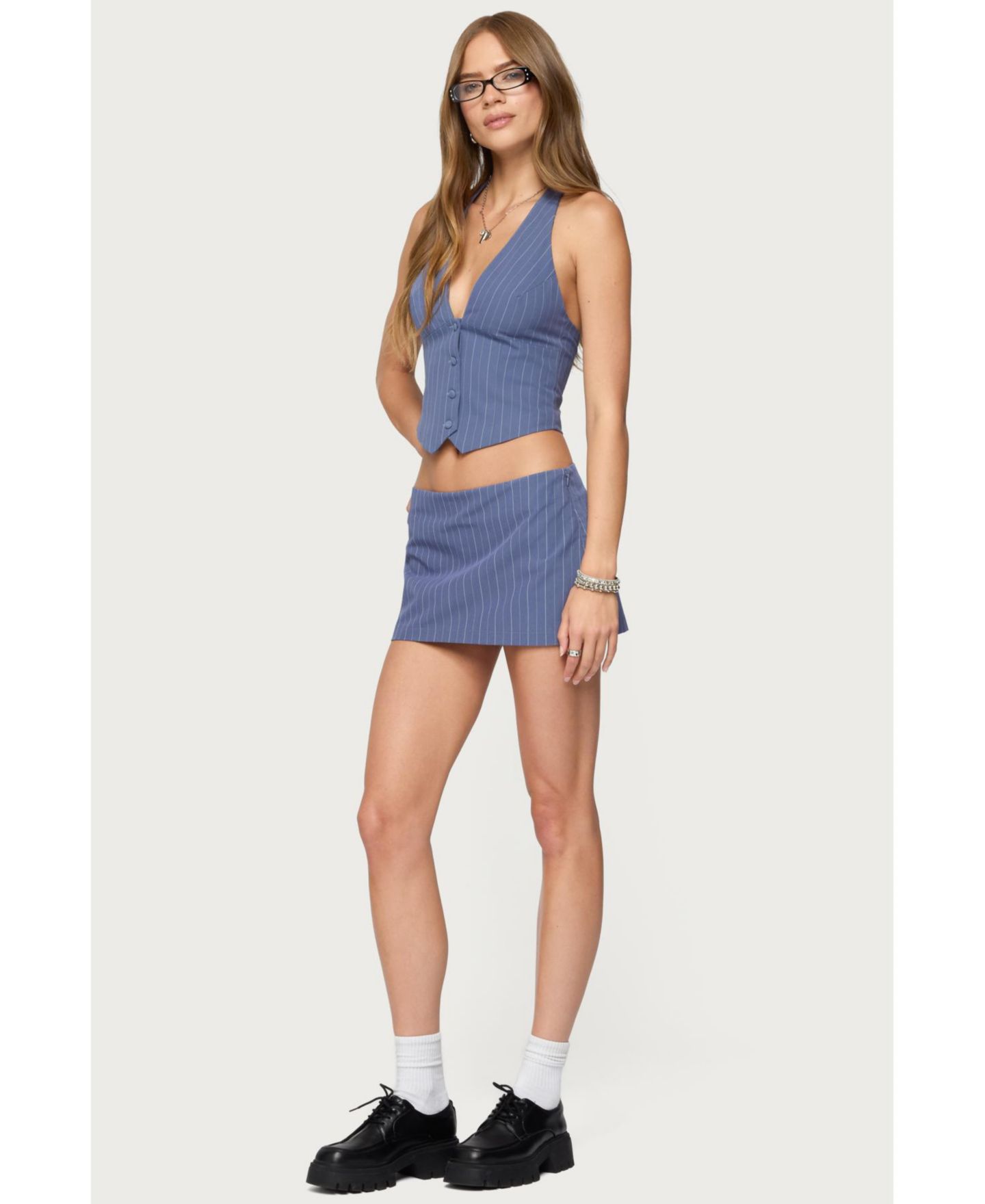 Женский топ Edikted Frankey Pinstripe Button Up Halter, цвет: Синий — фото 3