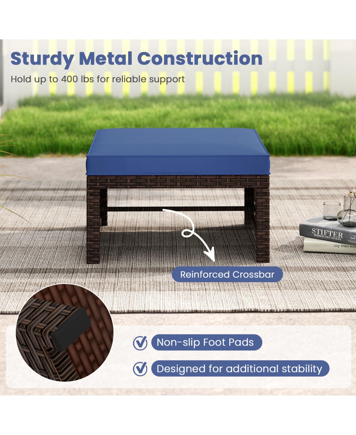 Gymax Set of 2 Patio Pe Rattan Ottomans w/ Soft Zippered Cushions for Deck Outdoor