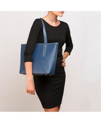 Blue Leather Shoulder Bag Elegant Big Tote Handbag for Women with Double Straps and Zip Closure