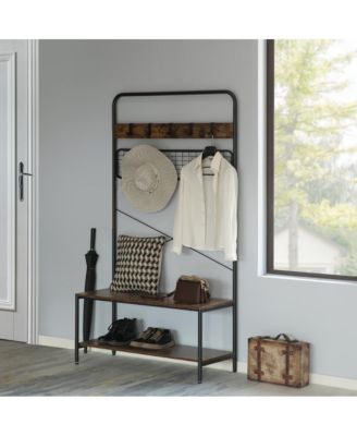 Vintage Brown Coat Rack Hall Tree with Storage for Entryway With 10 Hooks and Storage