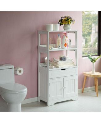 Tall Freestanding Wooden Storage Vanity, Kitchen Pantry, and Bathroom Cabinet Organizer, with 2 Open shelves, A drawer and 2 Door Cabinet