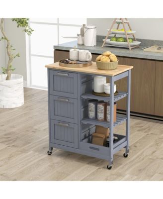 26.5" MDF, Metal 3 Drawers, Shelves, Removable Tray, Lockable Wheels Rolling Kitchen Island Cart