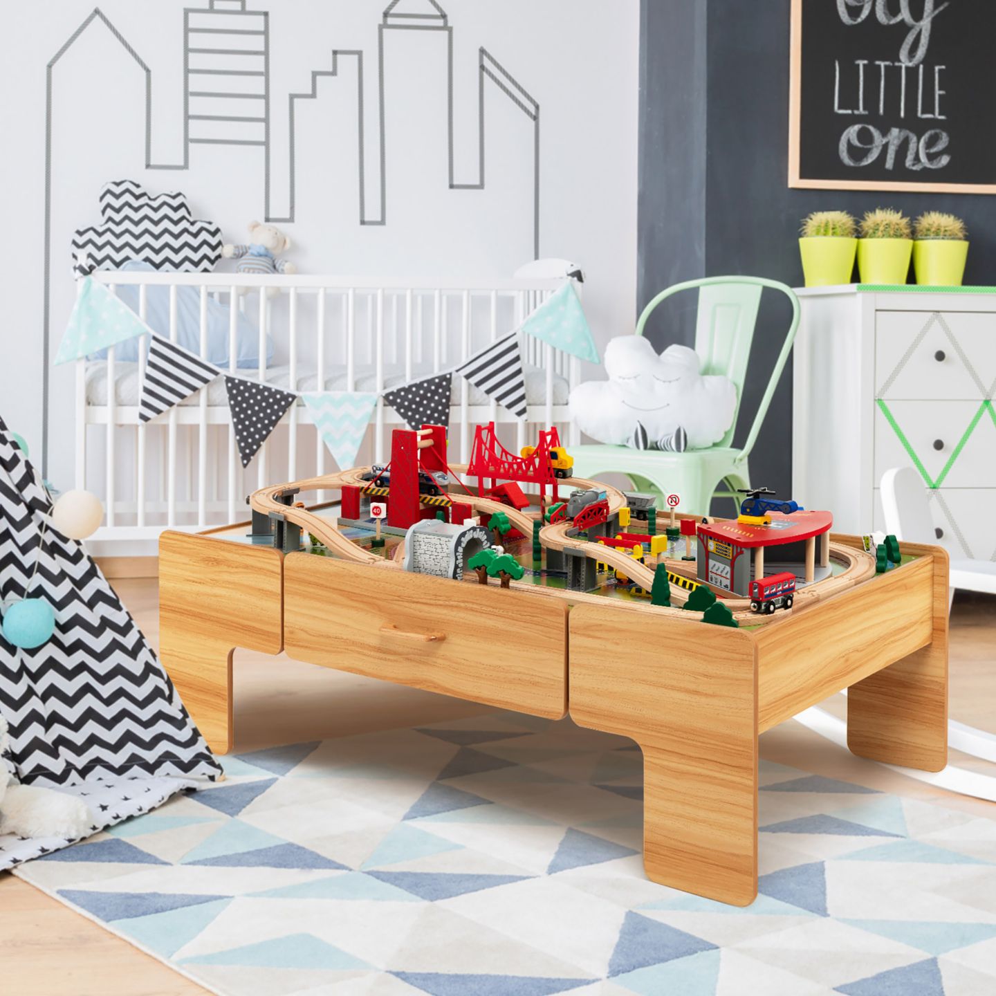 Детские игрушки Costway Magnetic Battery-Operated 100-Piece Kids' Train Set & Activity Table Playset, цвет: Натуральный — фото 2