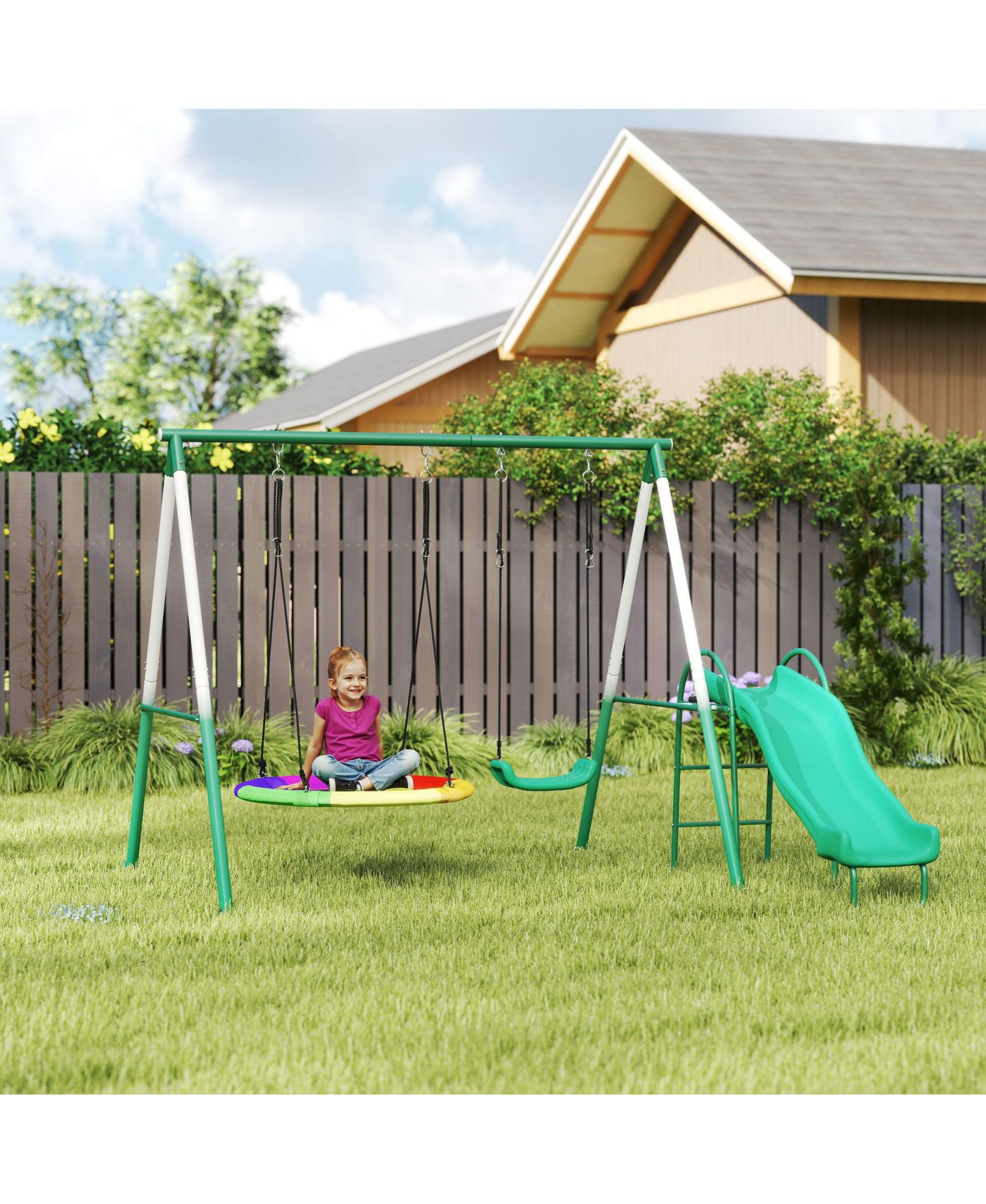 Детские игрушки Qaba Metal Swing Set with Slide, Heavy Duty Swing Set, цвет: Тёмный зелёный — фото 9