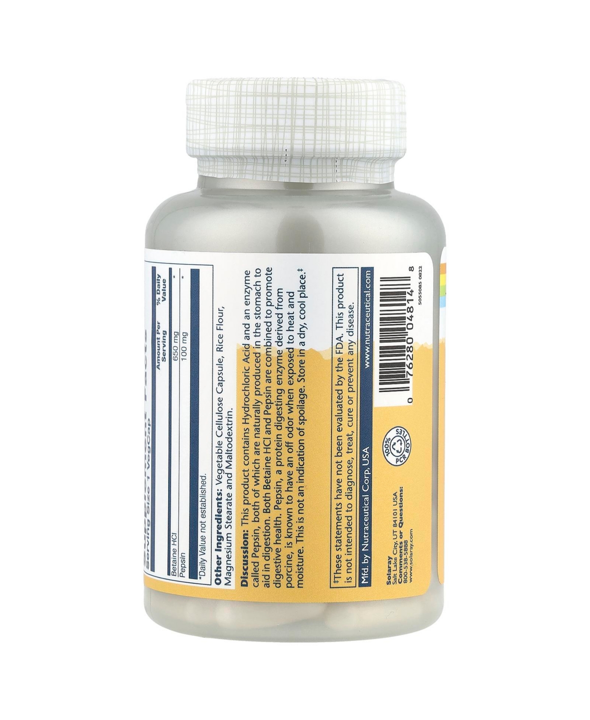 Solaray High Potency Betaine HCl with Pepsin - 100 VegCaps