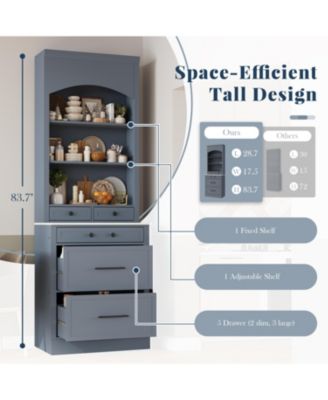 CASAINC 83.7-Inch Tall Freestanding Kitchen Pantry with Faux Marble Top and 5 Storage Drawers Curio Display Cabinet