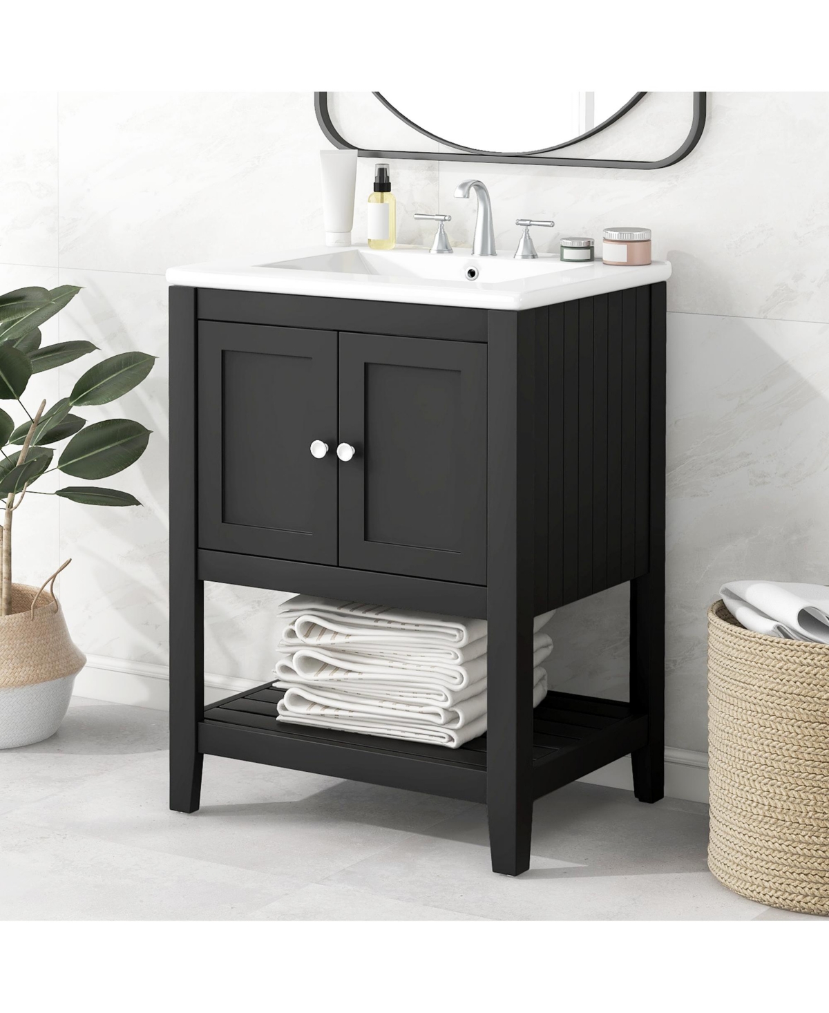 Casainc 24" Modern Bathroom Vanity With Ceramic Sink, Sleek Design and Open Style Shelf