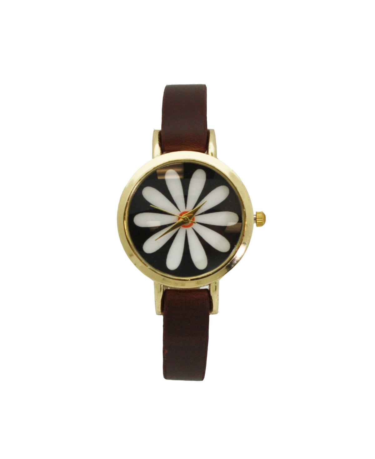 Olivia Pratt Dark Brown Large Flower Face Skinny Leather Strap Watch
