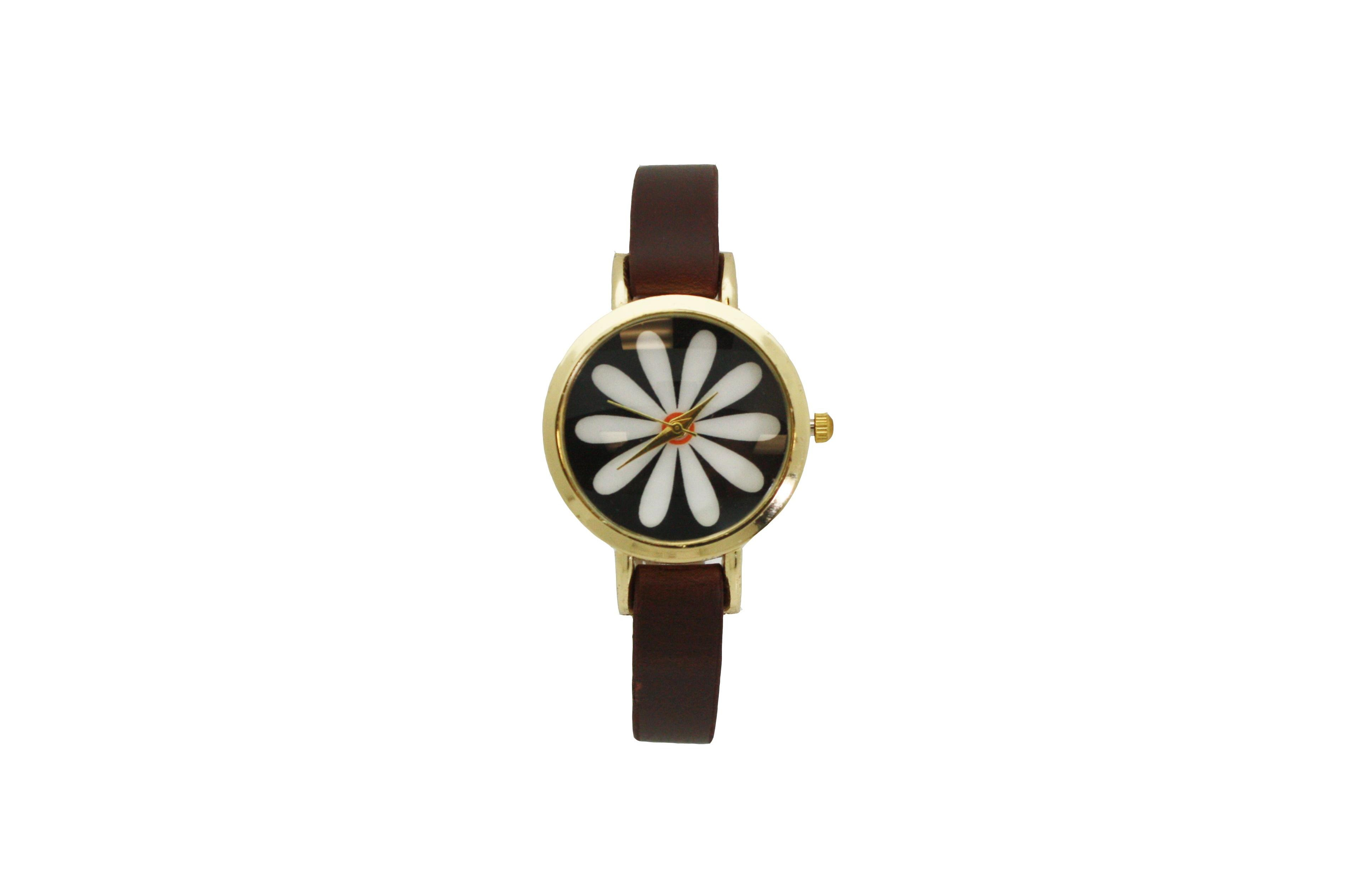 Olivia Pratt Dark Brown Large Flower Face Skinny Leather Strap Watch