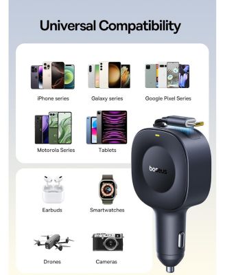 Retractable Car Charger USB C Fast Charging, 60W Ultra-Mini Fast Car Charger with Retractable USB C Cable