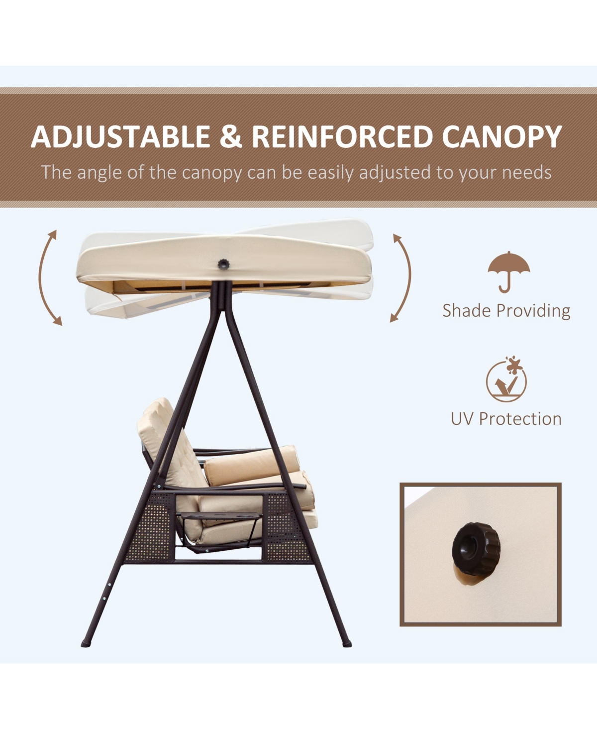 Outsunny 3-Seat Patio Swing w/ Tilt Canopy, Cushions & Cup Tray,