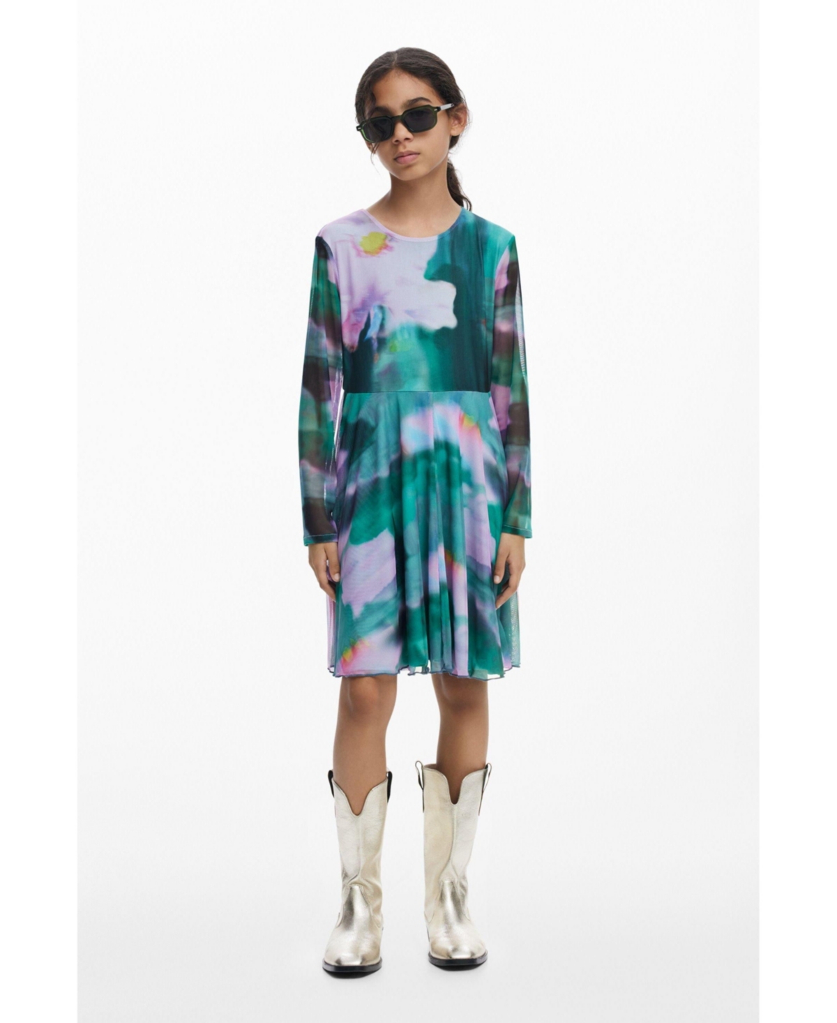 Desigual Girls Girls's Watercolor Tulle Long-sleeve Dress In Green