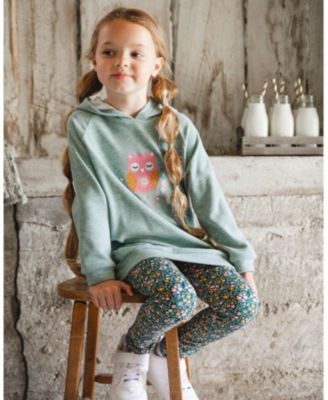 Girl Hooded Tunic Sage Green with Owl Print - Child