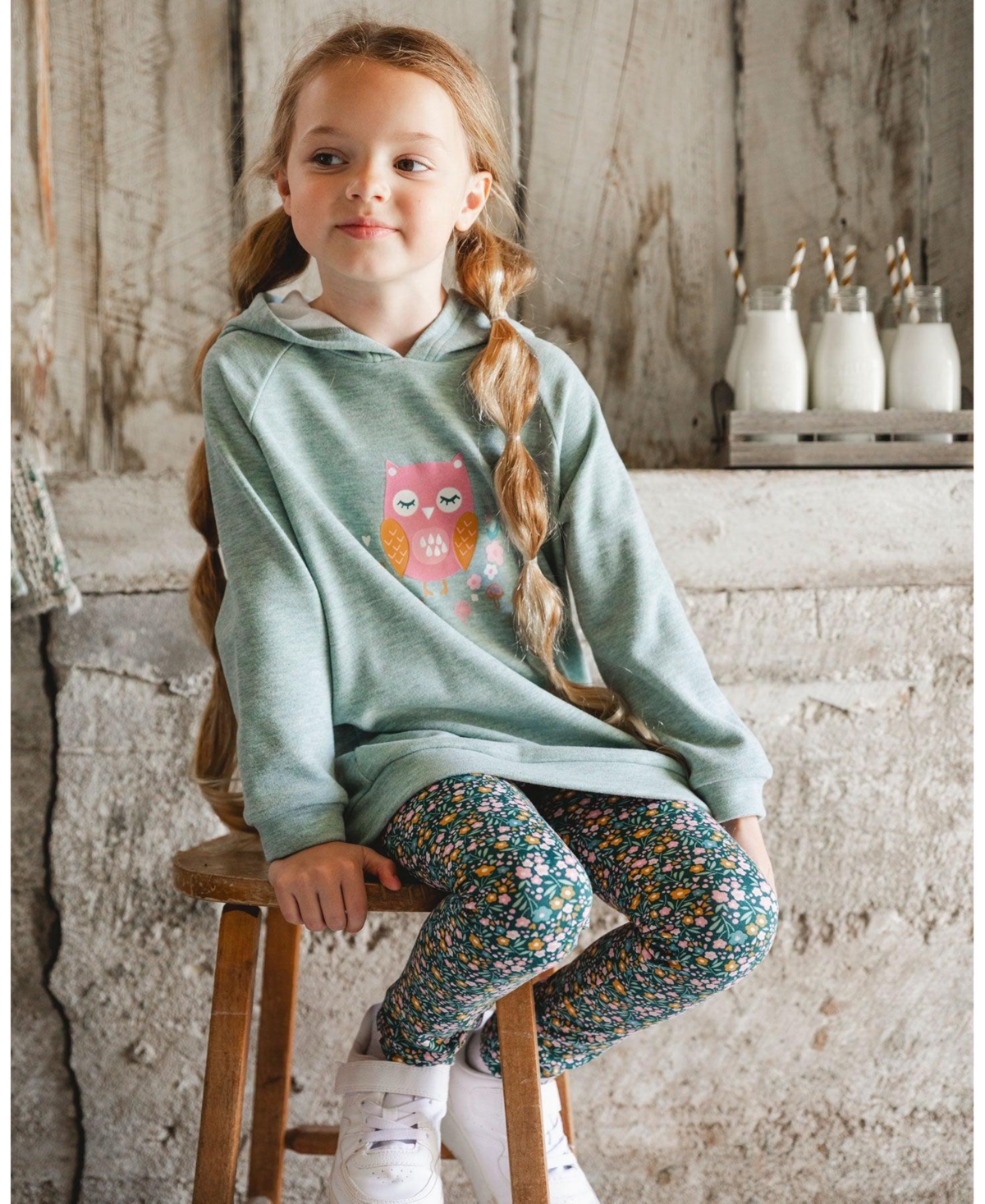 Deux par Girl Hooded Tunic Sage Green with Owl Print