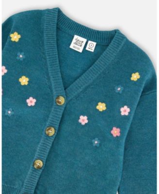 Girl Knitted Cardigan Dark Green with Flower Embroidery - Toddler|Child