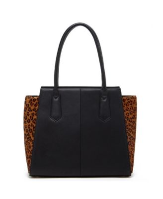 Black Leather Tote Bag with Leopard Print Sides Large Women's Shoulder Bag for Work, Travel, and Everyday Use