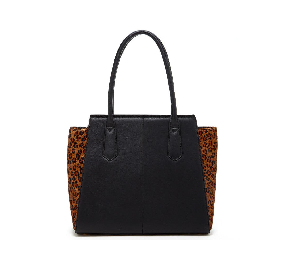 Susu Black Leather Tote Bag with Leopard Print Sides Large Women's Shoulder Bag for Work, Travel, and Everyday Use