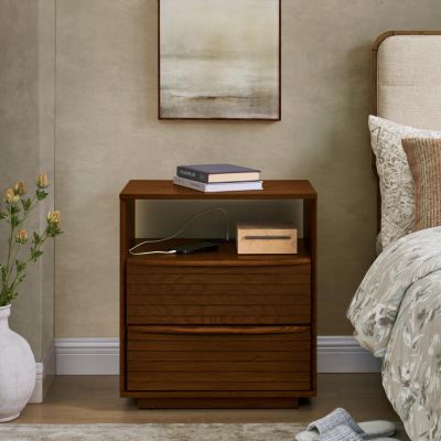 Nightstand with Charging Station & Outlet Hole & 2 Solid Wood Drawers