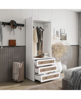 Tall Cabinet with 3 Drawers Rattan High Wardrobe Armoire