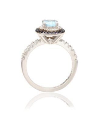 Suzy Levian Sterling Silver Oval Cut Topaz and Sapphire Double Halo Ring