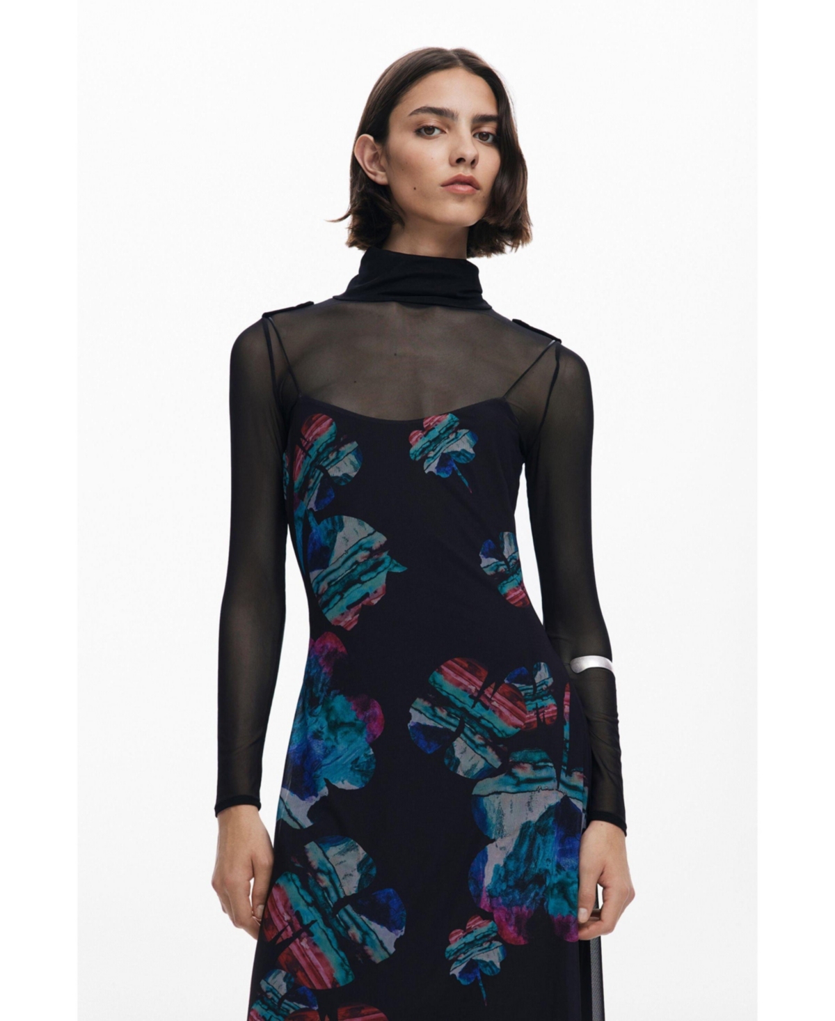 Desigual Long Sleeve Floral Print Dress In Black