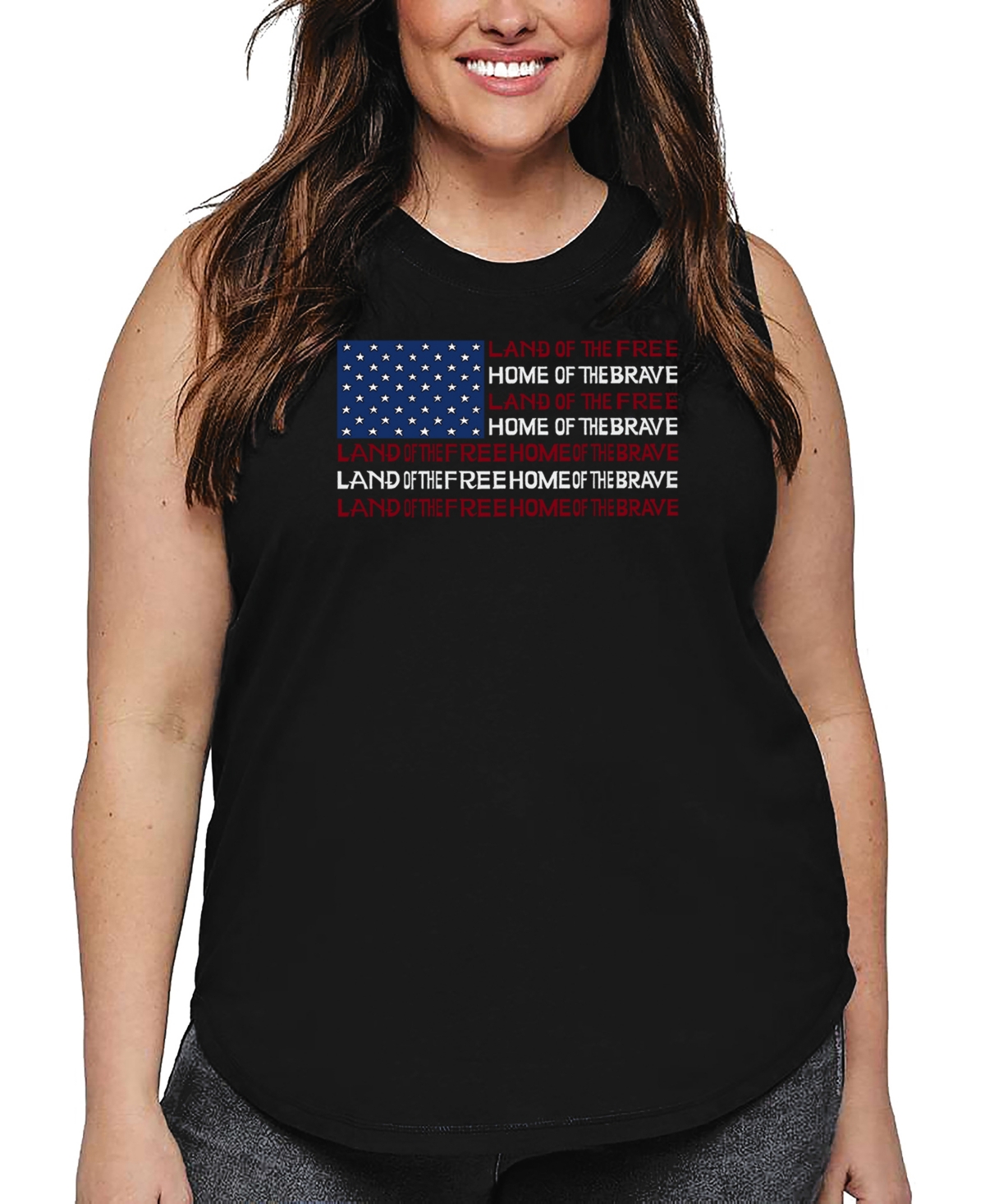 La Pop Art Plus Size Land Of The Free American Flag Word Art Tank Top In Black