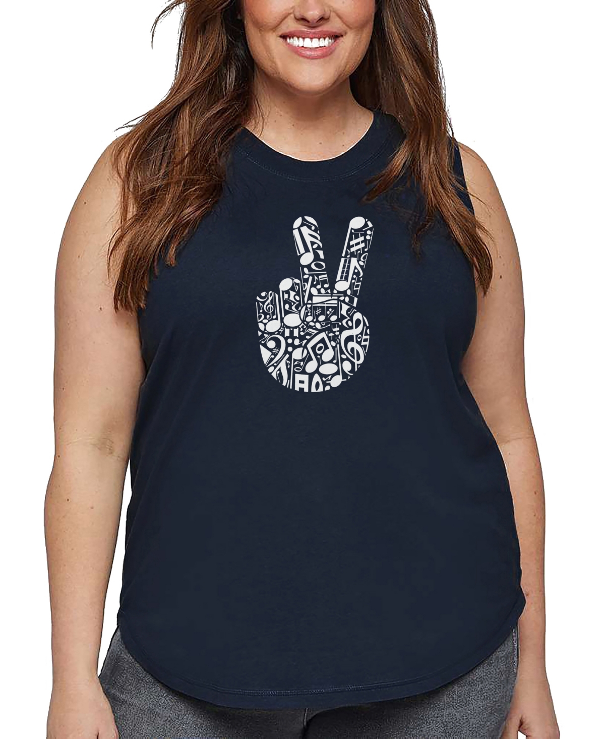 La Pop Art Plus Size Peace Finger Notes Art Tank Top In Blue