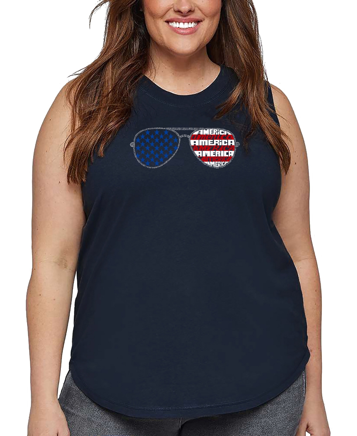 La Pop Art Plus Size Americana Sunglasses Word Art Tank Top In Blue