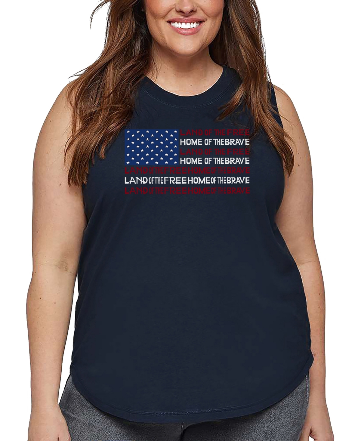 La Pop Art Plus Size Land Of The Free American Flag Word Art Tank Top In Blue