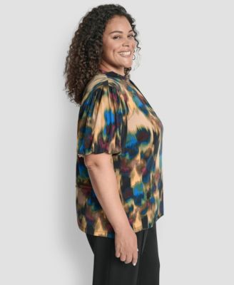 Plus Size Keyhole Twist Neck Balloon Sleeve Top