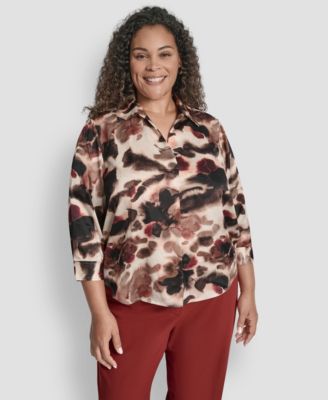 DKNY - Plus Size Printed Pleat-Front 3/4-Sleeve Blouse