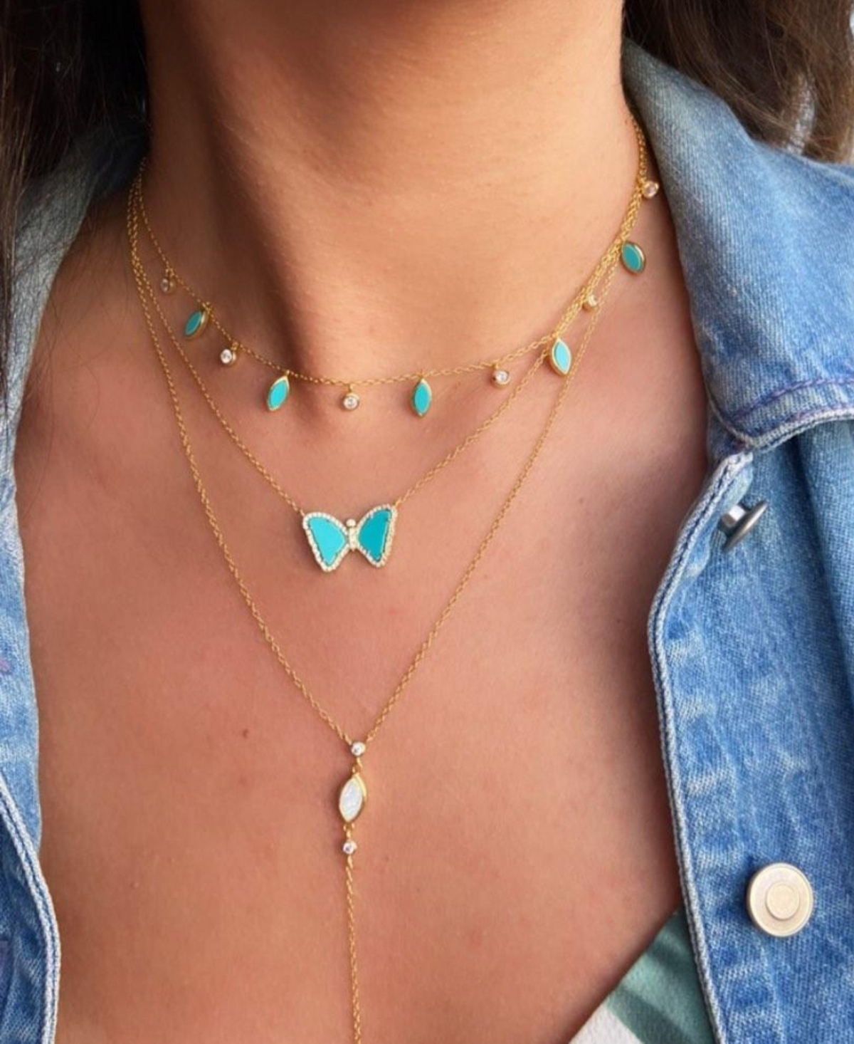 Kamaria Mini Butterfly Necklace With Turquoise In 14k Gold Plated Sterling Silver In Gold