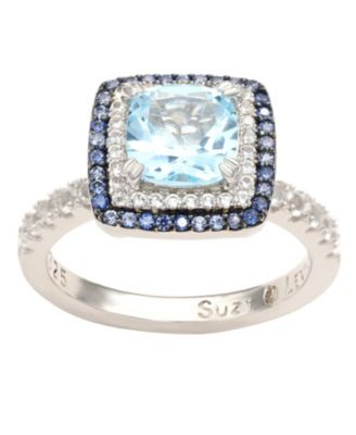 Suzy Levian Sterling Silver Cushion Cut Topaz and Sapphire Double Halo Ring