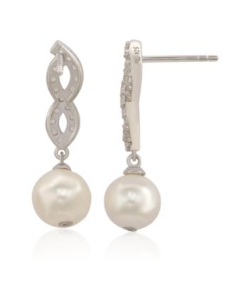 Suzy Levian Sterling Silver Pearl & White Sapphire Dangle Earrings