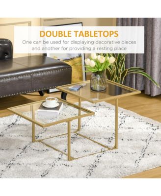 38" 2 Glass End Table, Living Room Table w/ Metal Frame,