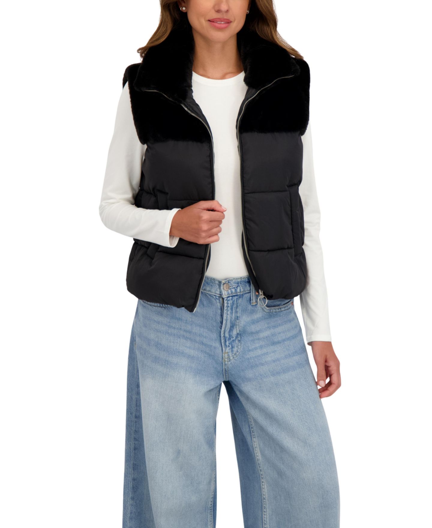 Женский жилет Sebby Collection Short Mix Media Puffer Vest, цвет: Чёрный — фото 4
